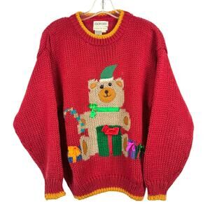 VINTAGE Hand-Knit‎ Christmas Teddy Bear Sweater By Color Cues Red Size L